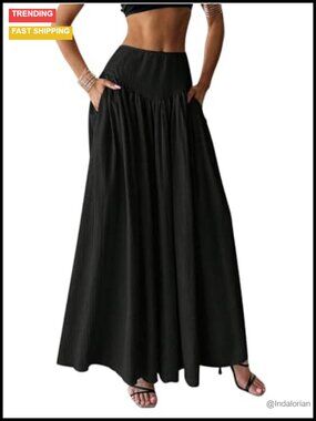 Women's High Waist Pleated Flowy Maxi Skirt with Pockets - 100% Polyester